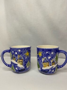 Folk Art Coffee Mugs Winter Christmas Glossy Painted Ceramic Portugal
